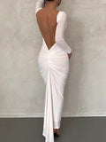Momyknows Backless Ruched Long Sleeve Fashion Bodycon Photoshoot Baby Shower Maternity Maxi Dress