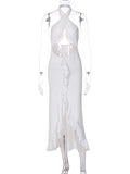 Momyknows Cut Out Tassel Ruffle Cross Chest Backless Bodycon Front Slit High-low Halter Neck Baby Shower Maternity Maxi Dress