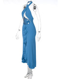 Momyknows Cut Out Tassel Ruffle Cross Chest Backless Bodycon Front Slit High-low Halter Neck Baby Shower Maternity Maxi Dress