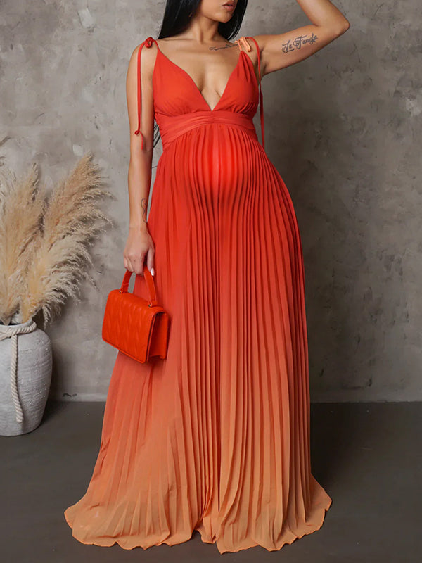 Momyknows Belly Friendly Spaghetti Strap Pleated Gradient Color Babyshower Maternity Maxi Dress Orange / L Momyknows Belly Friendly Spaghetti Strap Pleated Gradient Color Babyshower Maternity Maxi Dress Orange / L