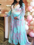 Momyknows Chiffon V-neck Belly Friendly Cut Out Lantern Sleeve Floral Babyshower Maternity Maxi Dress