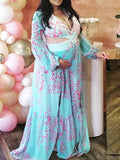 Momyknows Chiffon V-neck Belly Friendly Cut Out Lantern Sleeve Floral Babyshower Maternity Maxi Dress