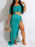 Momyknows 2 Piece Off Shoulder High Side Slit Boho Flowy Summer Vacation Photoshoot Baby Shower Maternity Maxi Dress