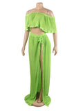 Momyknows 2 Piece Off Shoulder High Side Slit Boho Flowy Summer Vacation Photoshoot Baby Shower Maternity Maxi Dress