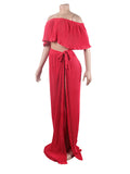 Momyknows 2 Piece Off Shoulder High Side Slit Boho Flowy Summer Vacation Photoshoot Baby Shower Maternity Maxi Dress