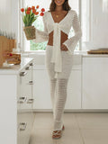 Momyknows White 2 Piece Crochet Tie Beach Vacation Bodycon Photoshoot Baby Shower Maternity Maxi Dress