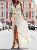 Momyknows Irregular Ruffle Side Slit Tie Flowy V-neck Photoshoot Baby Shower Maternity Maxi Dress
