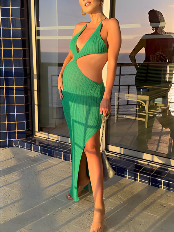 Momyknows Green Crochet Irregular Cut Out Crop Side Slit Cami Backless Bodycon Chic Beach Vacation Maternity Photoshoot Baby Shower Party Maxi Dress
