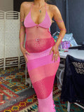Momyknows Spaghetti Strap Mesh Sheer Belly Friendly V Neck Patchwork Babyshower Maternity Maxi Dress