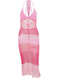 Momyknows Spaghetti Strap Mesh Sheer Belly Friendly V Neck Patchwork Babyshower Maternity Maxi Dress