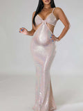 Momyknows Belly Friendly Sequin Mermaid Spaghetti Strap Backless Cut Out Babyshower Maternity Maxi Dress