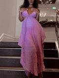 Momyknows Spaghetti Straps Halter Neck Cut Out Irregular Tie Back Backless Flowy V-neck Elegant Chic Baby Shower Maternity Maxi Dress