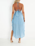 Momyknows Spaghetti Straps Halter Neck Cut Out Irregular Tie Back Backless Flowy V-neck Elegant Chic Baby Shower Maternity Maxi Dress