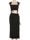 Momyknows Black Ruched Drawstring Tie Side Slit Fashion Bodycon Maternity Baby Shower Photoshoot Maxi Dress
