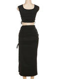 Momyknows Black Ruched Drawstring Tie Side Slit Fashion Bodycon Maternity Baby Shower Photoshoot Maxi Dress