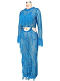 Momyknows Tassel Sequin Cut Out Crochet Mesh Chic Beach Vacation Photoshoot Baby Shower Maternity Maxi Dress