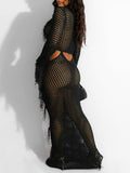 Momyknows Tassel Sequin Cut Out Crochet Mesh Chic Beach Vacation Photoshoot Baby Shower Maternity Maxi Dress