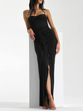 Momyknows Halter Neck Ruffle Cascading Ruffle Front Slit Elegant Baby Shower Maternity Maxi Dress