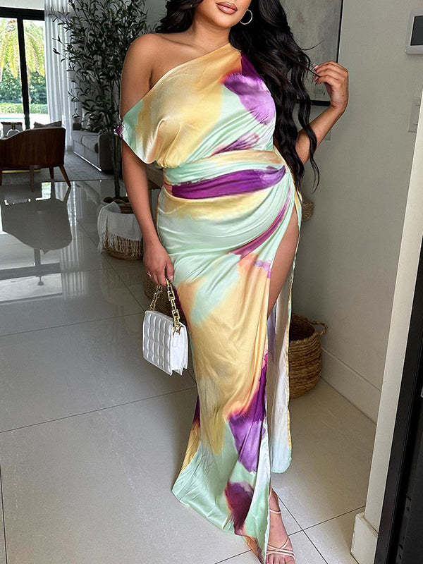 Momyknows Green Tie Dye Side Slit Knot Ruched Oblique Shoulder Fashion Vacation Baby Shower Maternity Maxi Dress