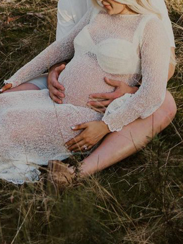 Momyknows White Ruffle Bodycon Backless Long Sleeve Elegant Beach Smock Photoshoot Maternity Maxi Dress