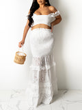 Momyknows White Lace Ruffle Two Piece Crop Mermaid Boat Neck Elegant Chic Baby Shower Maternity Maxi Dress