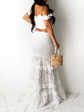 Momyknows White Lace Ruffle Two Piece Crop Mermaid Boat Neck Elegant Chic Baby Shower Maternity Maxi Dress