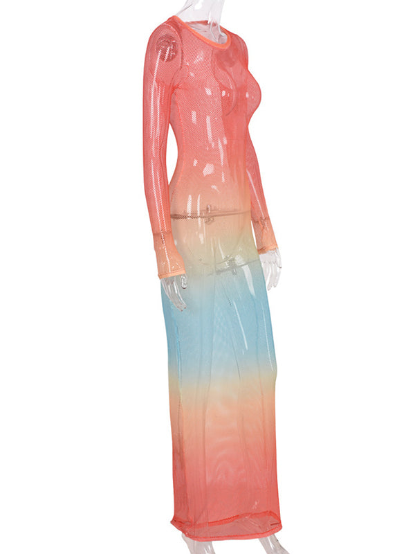 Momyknows Multicolor Gradient Color Mesh Bodycon Long Sleeve Fashion Holiday Maternity Maxi Dress