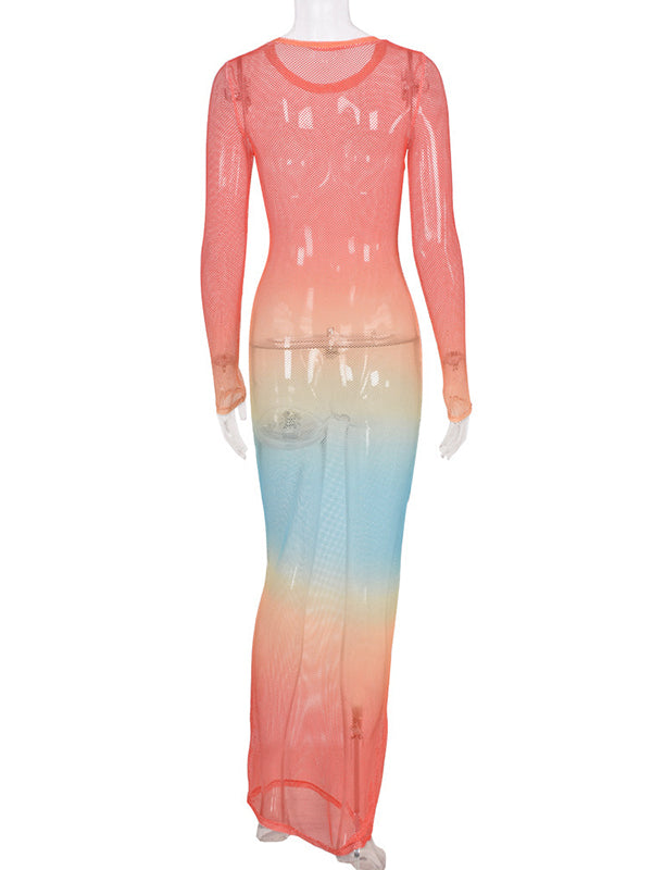 Momyknows Multicolor Gradient Color Mesh Bodycon Long Sleeve Fashion Holiday Maternity Maxi Dress