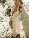 Momyknows Apricot Backless Spaghetti Straps Big Swing Side Slit Flowy Deep V-neck Elegant Boho Photoshoot Maternity Maxi Dress