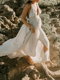 Momyknows Apricot Backless Spaghetti Straps Big Swing Side Slit Flowy Deep V-neck Elegant Boho Photoshoot Maternity Maxi Dress