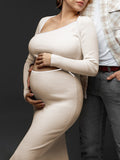 Momyknows Apricot Cut Out Crop Bodycon Crochet Oblique Shoulder Elegant Photoshoot Baby Shower Maternity Maxi Dress