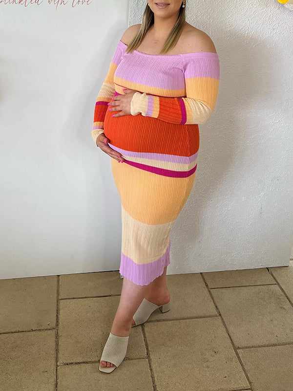 Momyknows Multicolor Rainbow Striped Off-shoulder Bodycon Long Sleeve Fashion Baby Shower Maternity Maxi Dress