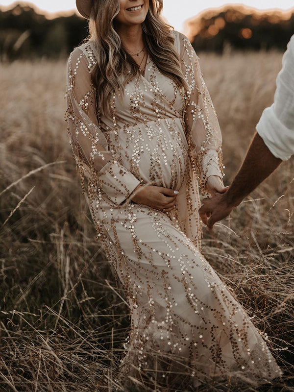 Momyknows Apricot Sequin Tassel Tulle Ruched Cross Chest Multi Way Tie Back V-neck Elegant Boho Photoshoot Maternity Maxi Dress