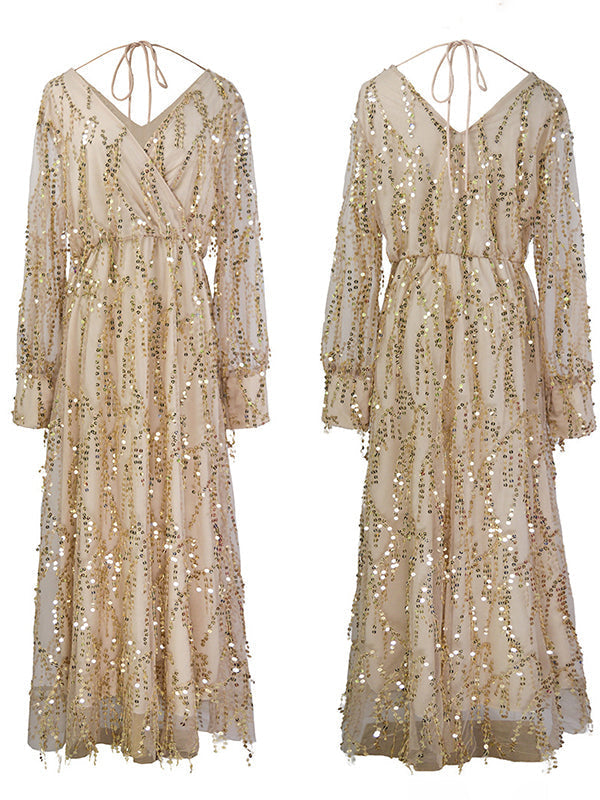 Momyknows Apricot Sequin Tassel Tulle Ruched Cross Chest Multi Way Tie Back V-neck Elegant Boho Photoshoot Maternity Maxi Dress Apricot / L Momyknows Apricot Sequin Tassel Tulle Ruched Cross Chest Multi Way Tie Back V-neck Elegant Boho Photoshoot Maternity Maxi Dress Apricot / L