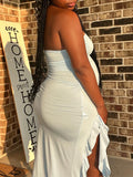 Momyknows Blue Ruffle Slit Tube Fashion Bodycon Baby Shower Photoshoot Maternity Midi Dress
