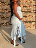 Momyknows Blue Ruffle Slit Tube Fashion Bodycon Baby Shower Photoshoot Maternity Midi Dress