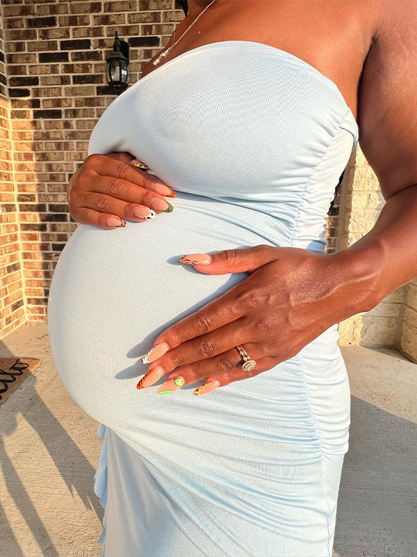 Momyknows Blue Ruffle Slit Tube Fashion Bodycon Baby Shower Photoshoot Maternity Midi Dress