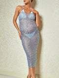 Momyknows Blue Sequin Mesh Sheer Bodycon Elegant Photoshoot Baby Shower Maternity Midi Dress