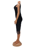 Momyknows Black One Shoulder Sequin Tassel Irregular Club Fashion Bodycon Baby Shower Maternity Midi Dress