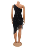 Momyknows Black One Shoulder Sequin Tassel Irregular Club Fashion Bodycon Baby Shower Maternity Midi Dress