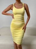Momyknows Yellow Ruched Solid Color Fashion Bodycon Daily Baby Shower Maternity Midi Dress
