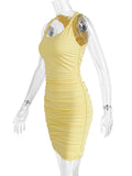 Momyknows Yellow Ruched Solid Color Fashion Bodycon Daily Baby Shower Maternity Midi Dress