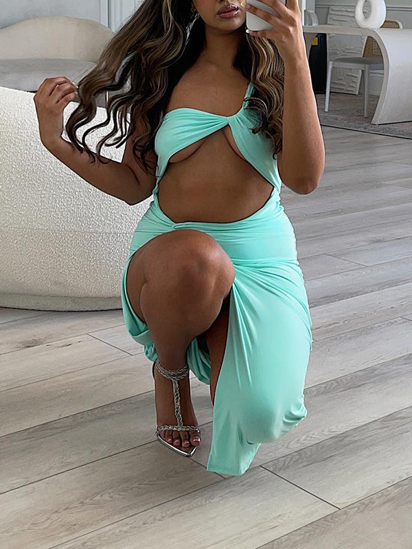 Momyknows Green Cut Out Crop Irregular Ruched Knot Side Slit Bodycon Oblique Shoulder Fashion Baby Shower Maternity Midi Dress