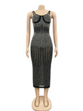 Momyknows Black Diamond Rhinestone Mesh Zipper Elegant Bodycon Club Evening Gown Photoshoot Baby Shower Maternity Midi Dress