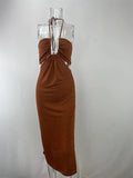 Momyknows Solid Color Backless Cut Out Halter Neck Side Slit Bodycon Vacation Maternity Photoshoot Midi Dress