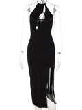 Momyknows Black Backless Cut Out Halter Neck Side Slit Party Going Out Maternity Photoshoot Midi Dress
