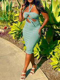 Momyknows Grey-Green Irregular Cut Out Crop Side Slit Backless Bodycon Chic Beach Vacation Maternity Photoshoot Baby Shower Party Midi Dress
