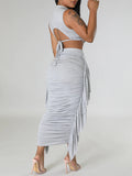 Momyknows 2 Piece Irregular Ruffle Back Tie Cut Out Chic Bodycon Baby Shower Photoshoot Maternity Midi Dress
