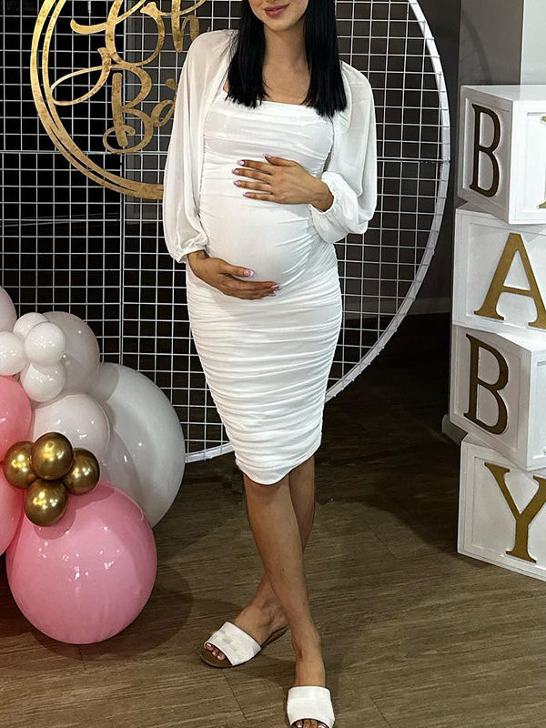 Momyknows White Ruched Bodycon Lantern Sleeve Elegant Chic Baby Shower Maternity Midi Dress