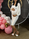 Momyknows White Ruched Bodycon Lantern Sleeve Elegant Chic Baby Shower Maternity Midi Dress